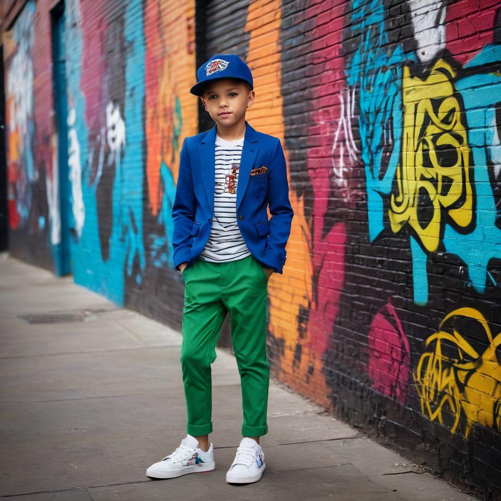 A stylish young boy confidently posing in a trendy outfit, showcasing a blend of casual and formal apparel, surrounded by a vibrant urban backdrop featuring graffiti art and colorful streetwear. Incorporate elements of fashion accessories like a cool hat and trendy sneakers, while emphasizing a mix of patterns and textures. The overall mood should evoke charm and confidence in boys' fashion. vibrant colors. urban style. super-realistic.