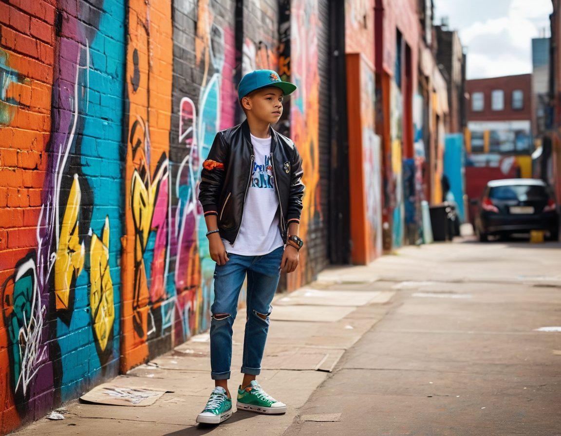 A stylish young boy in trendy attire showcasing various accessories like a vibrant cap, a stylish watch, layered bracelets, and colorful sneakers. He confidently poses in an urban setting, with playful elements like graffiti walls and skateboards in the background, radiating charisma and style. The scene is filled with energetic colors and a youthful vibe. super-realistic. vibrant colors. urban background.