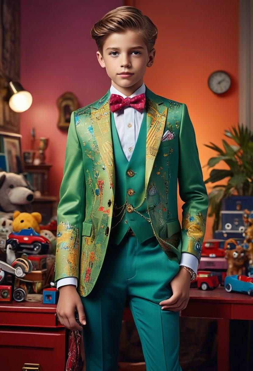 A stylish young boy transitioning outfits, one side in playful bright colors with whimsical patterns, the other in a sharp dapper suit with classic accessories. The background showcases a chic urban setting, blending playfulness and sophistication. Include playful elements like toys or games on the playful side and tailored details like a watch or bowtie on the dapper side. The lighting should be bright and inviting, emphasizing the fashion transition. super-realistic. vibrant colors. urban background.
